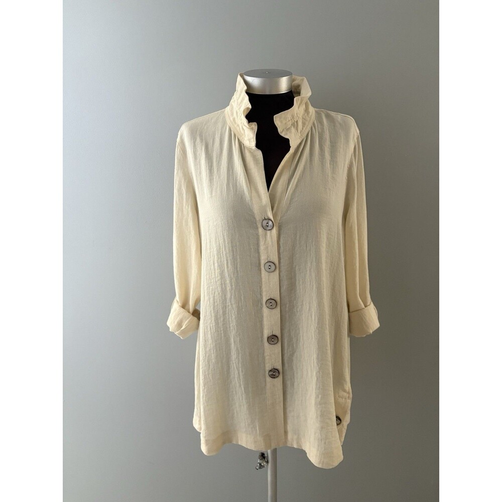 John Mark Tunic Top Size M Beige Oversized Lagenlook Wired Collar Coverup